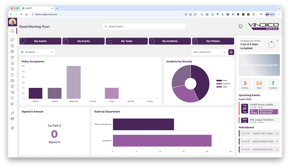 SWAPP workforce management platform dashboard showing events, tasks, and analytics